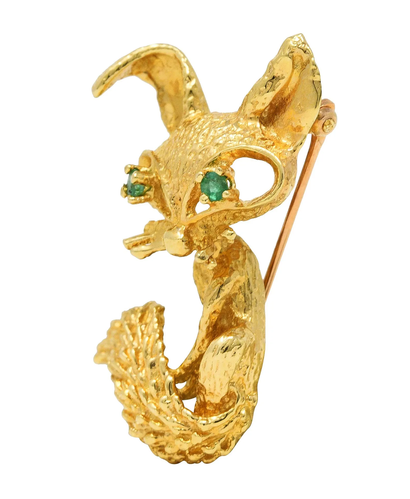 1960's Vintage Emerald 18 Karat Yellow Gold Modernist Animal Fox Brooch