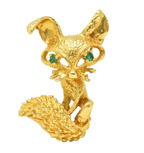 1960's Vintage Emerald 18 Karat Yellow Gold Modernist Animal Fox Brooch