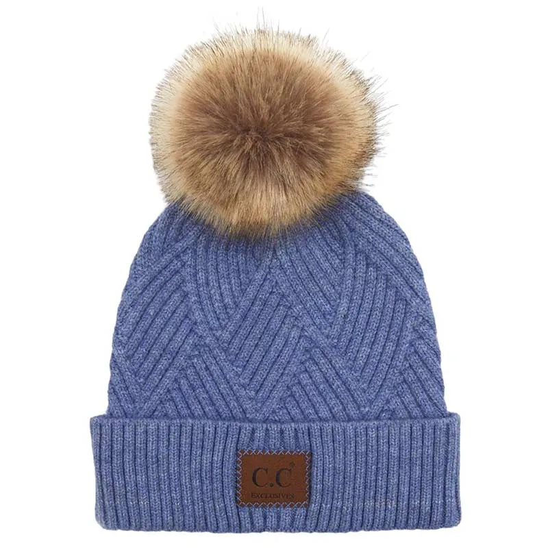 C.C Heather Beanie Hat With Pom Pom And Suede Patch