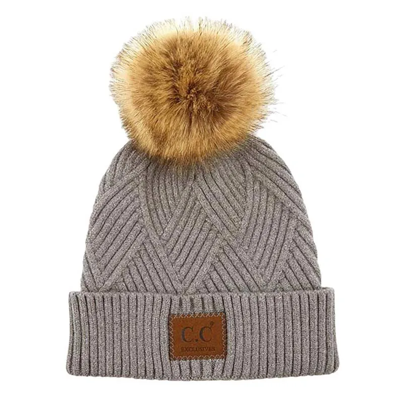 C.C Heather Beanie Hat With Pom Pom And Suede Patch