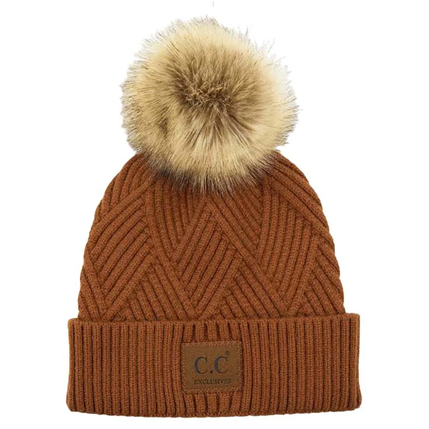 C.C Heather Beanie Hat With Pom Pom And Suede Patch