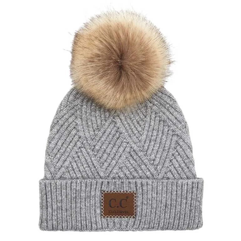 C.C Heather Beanie Hat With Pom Pom And Suede Patch