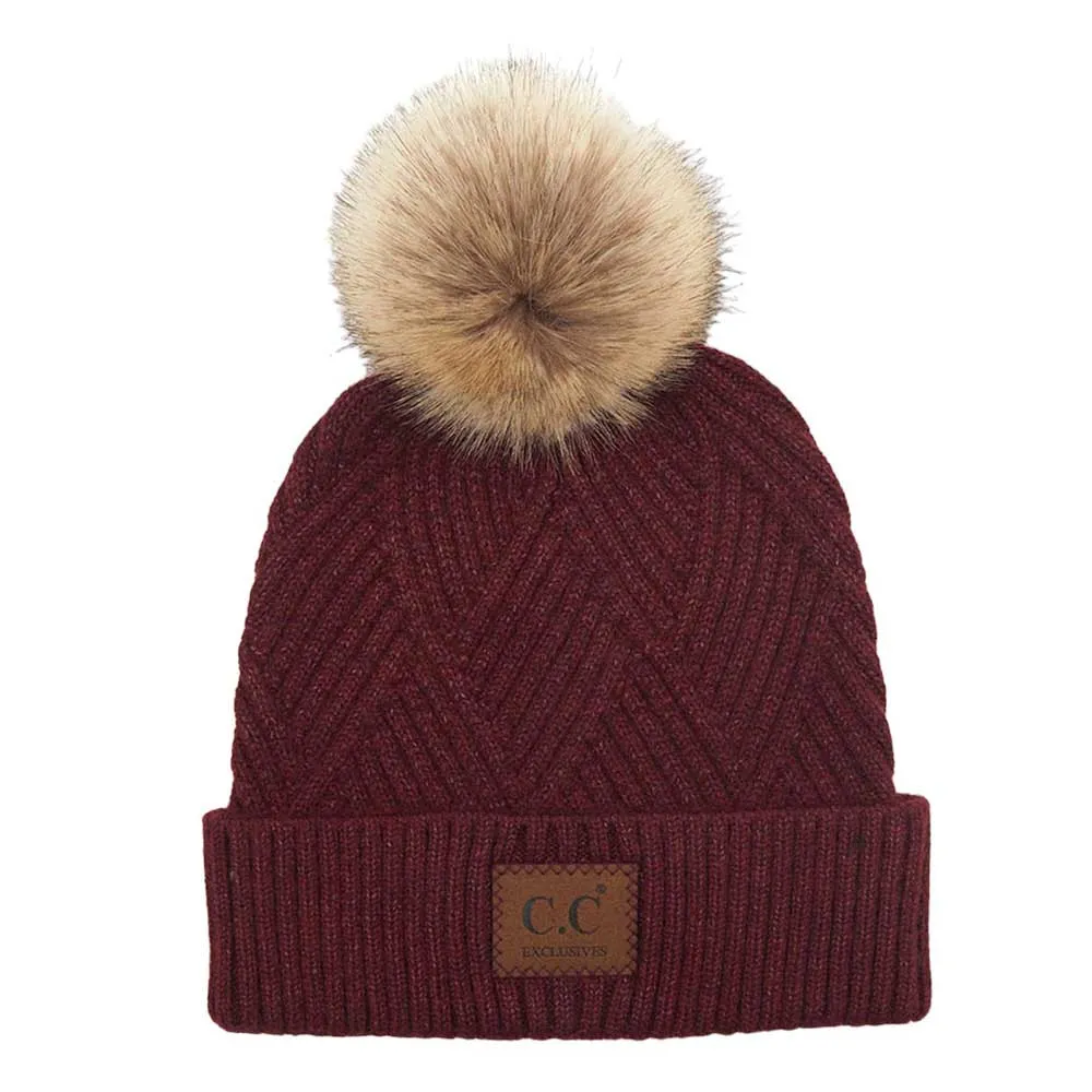 C.C Heather Beanie Hat With Pom Pom And Suede Patch