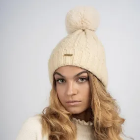 Laura Satin Lined Beanie With Detachable Pom - Cream