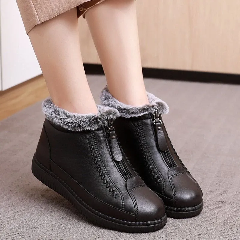 Leather Waterproof Boots Velvet Warm Lightweight Flat Women's Casual Shoe GCS353