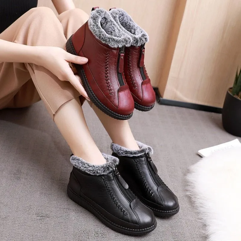 Leather Waterproof Boots Velvet Warm Lightweight Flat Women's Casual Shoe GCS353