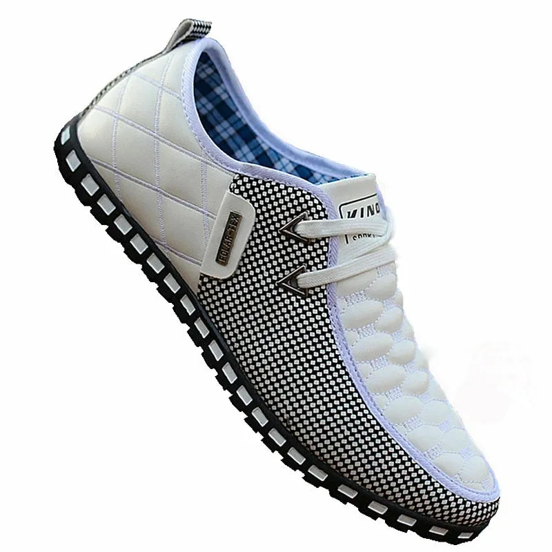 Men's Leather Shoes Autumn Casual Breathable Light Weight White Sneakers Driving Pointed