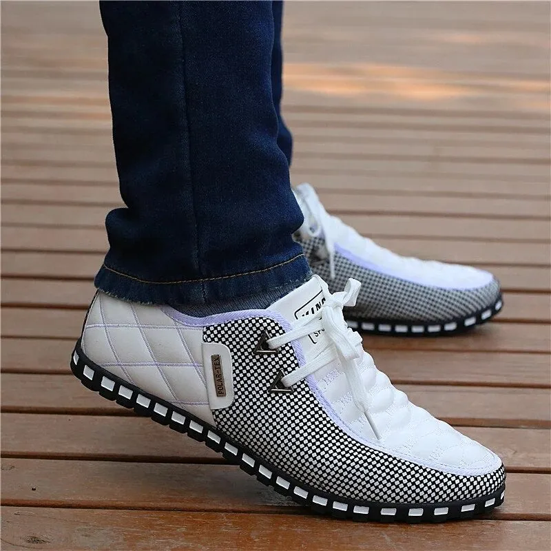 Men's Leather Shoes Autumn Casual Breathable Light Weight White Sneakers Driving Pointed