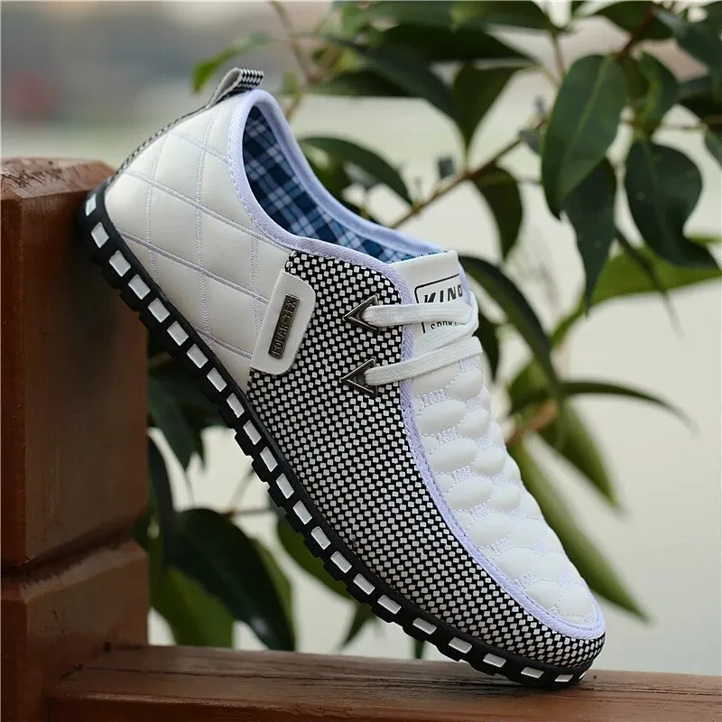 Men's Leather Shoes Autumn Casual Breathable Light Weight White Sneakers Driving Pointed