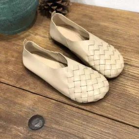 Retro Woven Soft Leather Flats For Women Round Toe In Beige/Black/Green/Coffee