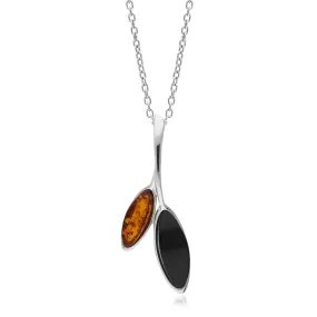 Sterling Silver Amber & Whitby Jet Large Mixed Leaf Pendant