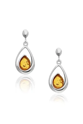 Sterling Silver Amber Designer Teardrop Drop Earrings