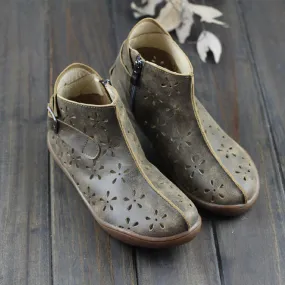 Women Barefoot Ankle Boots Leather Handmade Hollow Mori Girl Shoes Flats Grey