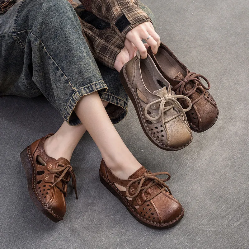 Women Retro Hollow Leather Flat Casual Shoes