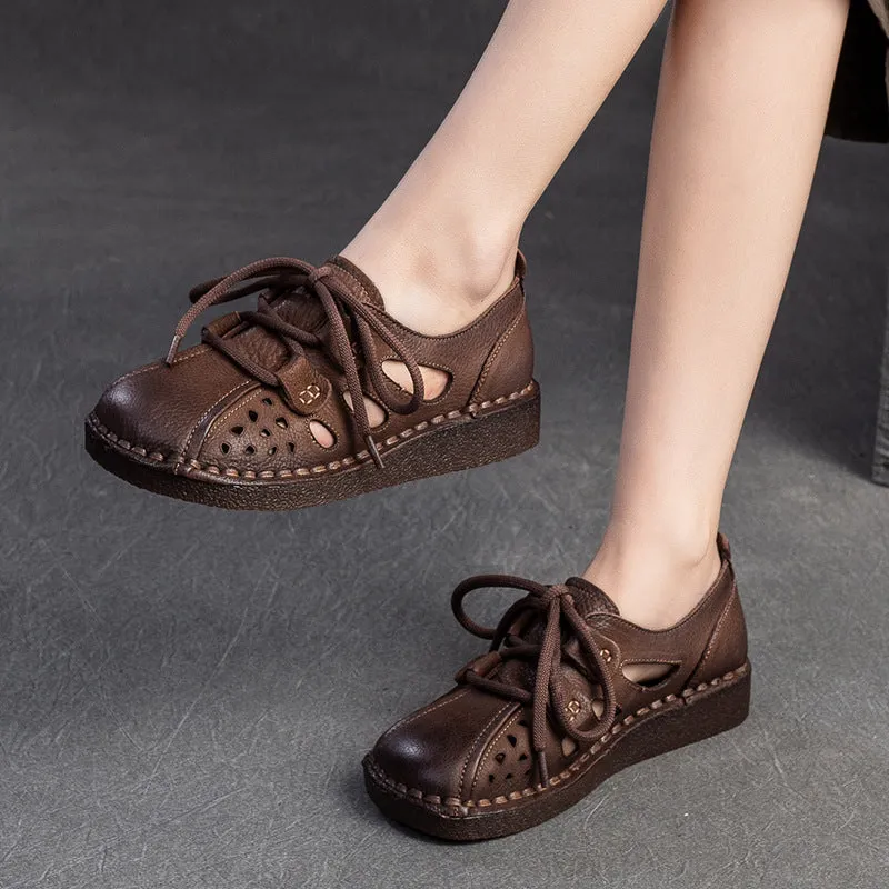 Women Retro Hollow Leather Flat Casual Shoes