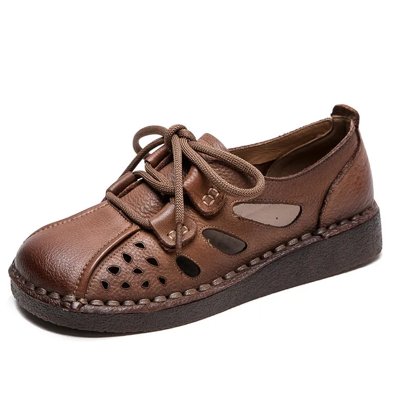 Women Retro Hollow Leather Flat Casual Shoes