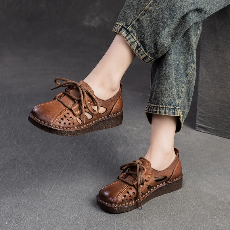 Women Retro Hollow Leather Flat Casual Shoes