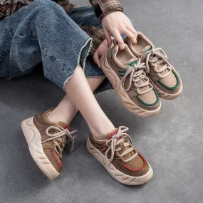 Women Retro Patchwork Leather Thick Soled Casual Shoes