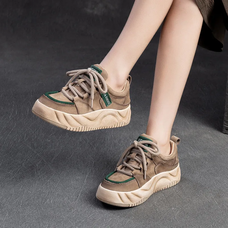 Women Retro Patchwork Leather Thick Soled Casual Shoes