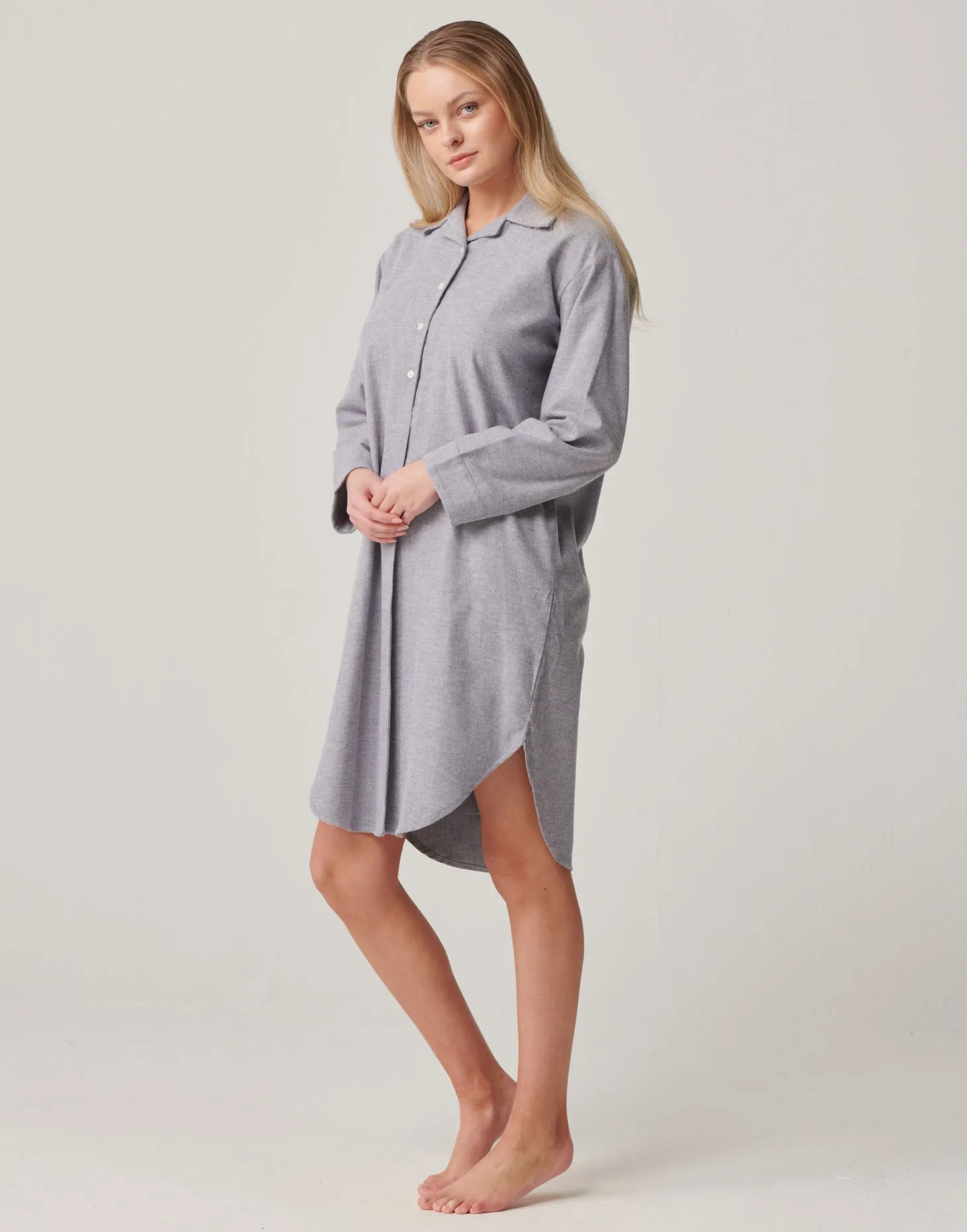 Women's Brushed Cotton Nightshirt – Ash Grey Herringbone